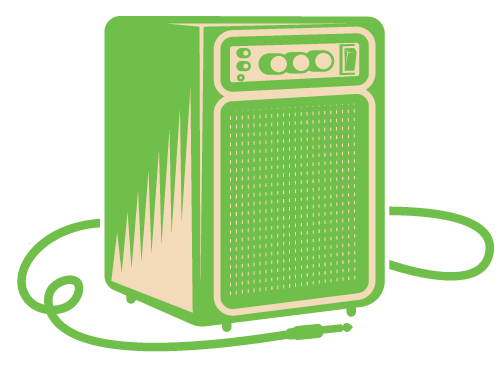 A green icon of an amp